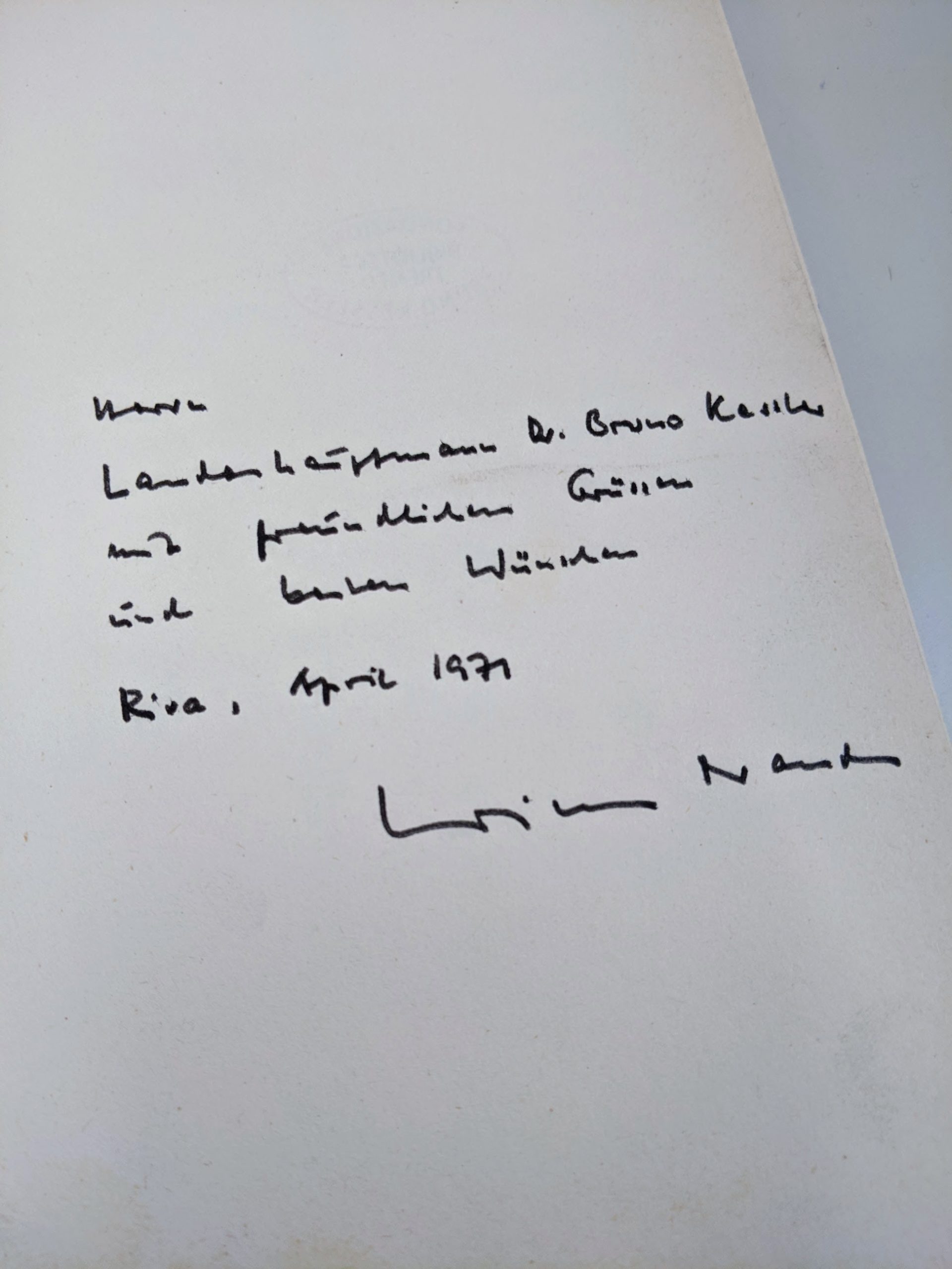 Dedica del cancelliere tedesco Brandt a Bruno Kessler- Archivio FBK